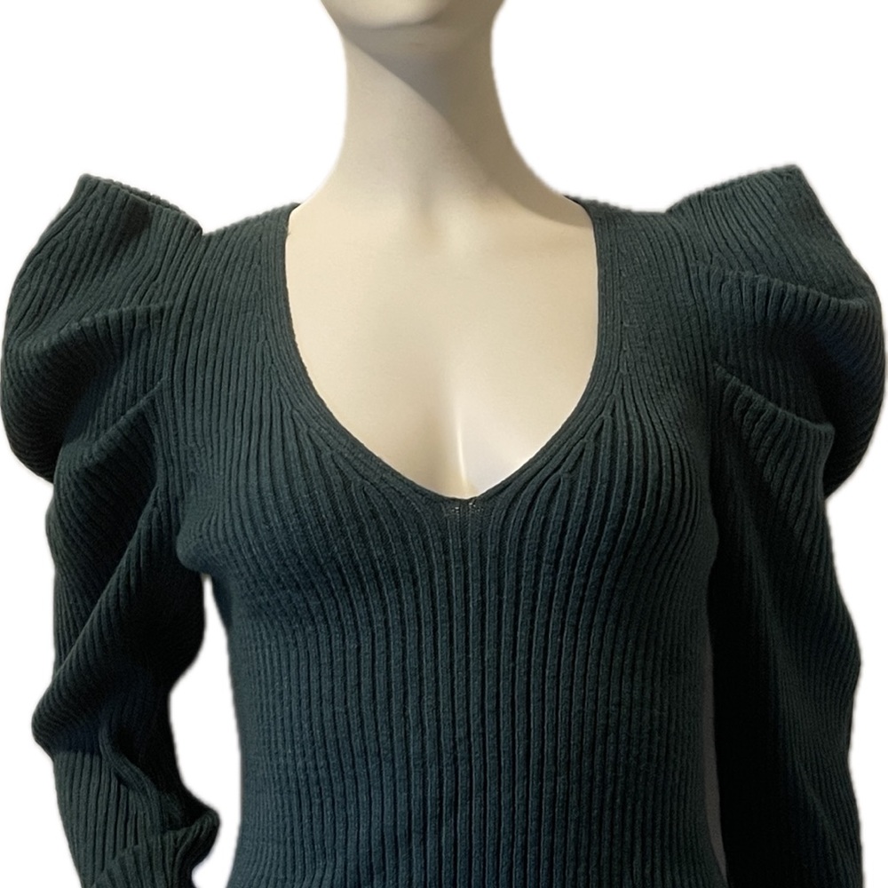 Dark Green V-Neck Sweater with Puffed Shoulders
